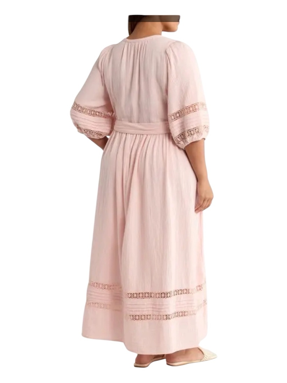 Caslon Pink Cotton Gauze Maxi Dress Puff Sleeve Crochet Lace Pintuck XL NWT - Picture 3 of 16